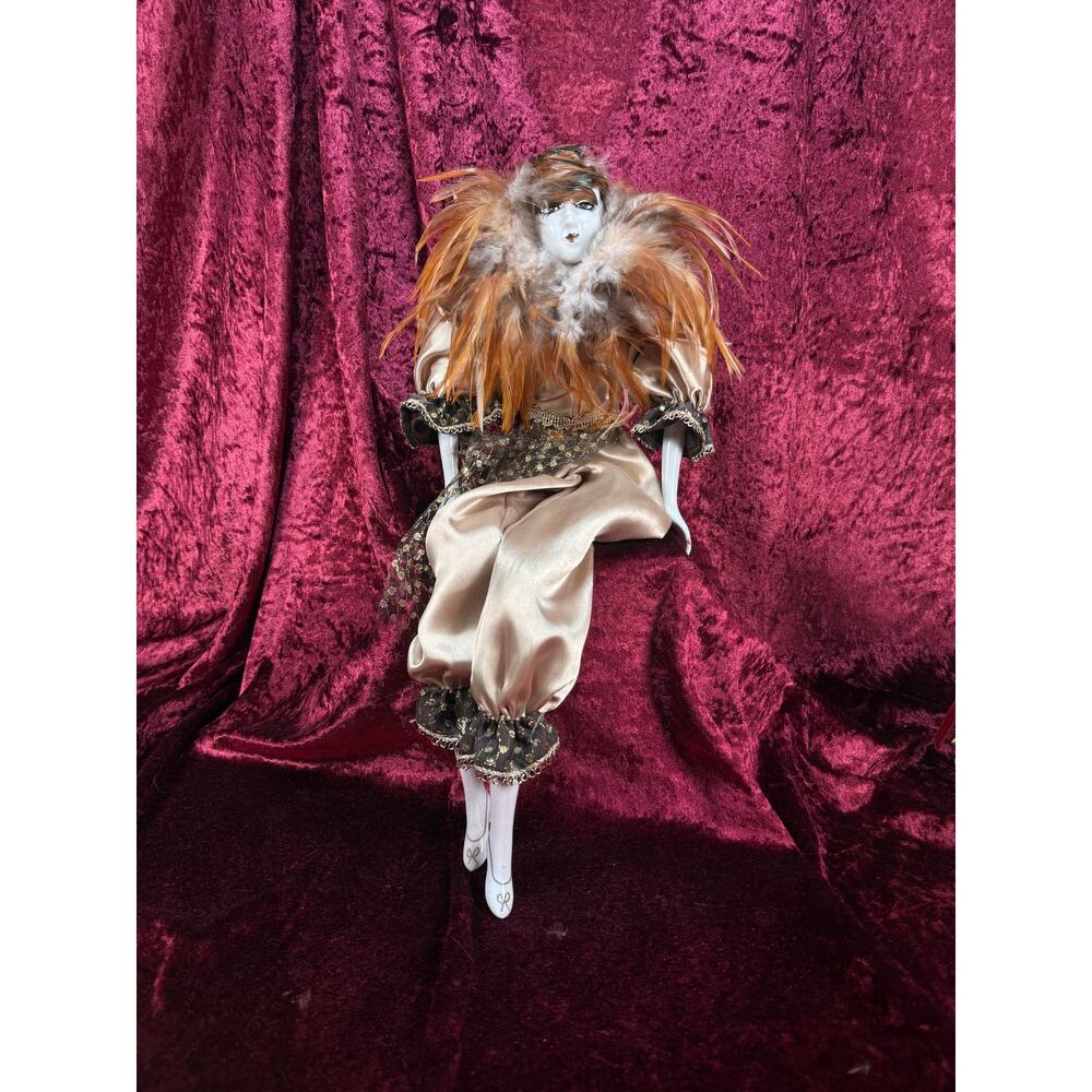 Vintage Porcelain Pierrot Doll – Feathered Collar Seated Harlequin Figure